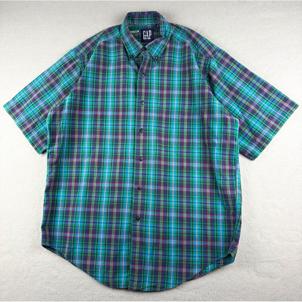 Vintage GAP Plaid Button Up Shirt Green Blue Men's Medium Short Sleeve 90s Y2K